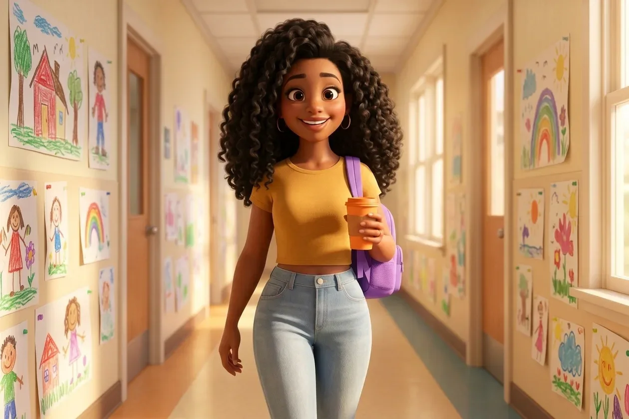 Mom walking down the daycare hallway at pick-up with a travel cup and a kids' backpack