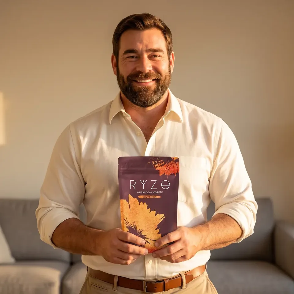 Animated heavyset bearded dad in his early 40s holding the RYZE Mushroom Coffee pouch in his living room