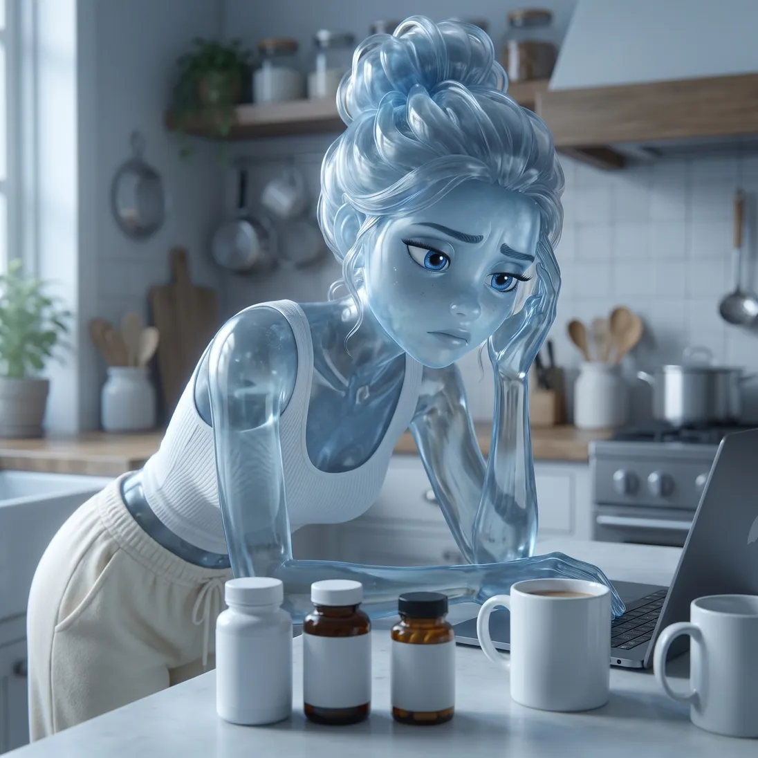 The blue glass woman from the ad at her cluttered counter in cool grey light, a hand to her temple, facing four separate supplement bottles.