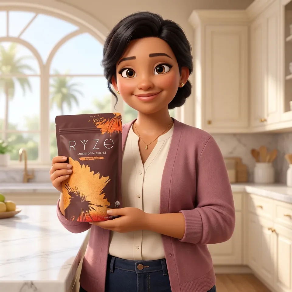 Animated woman holding the brown RYZE Mushroom Coffee pouch with both hands, smiling
