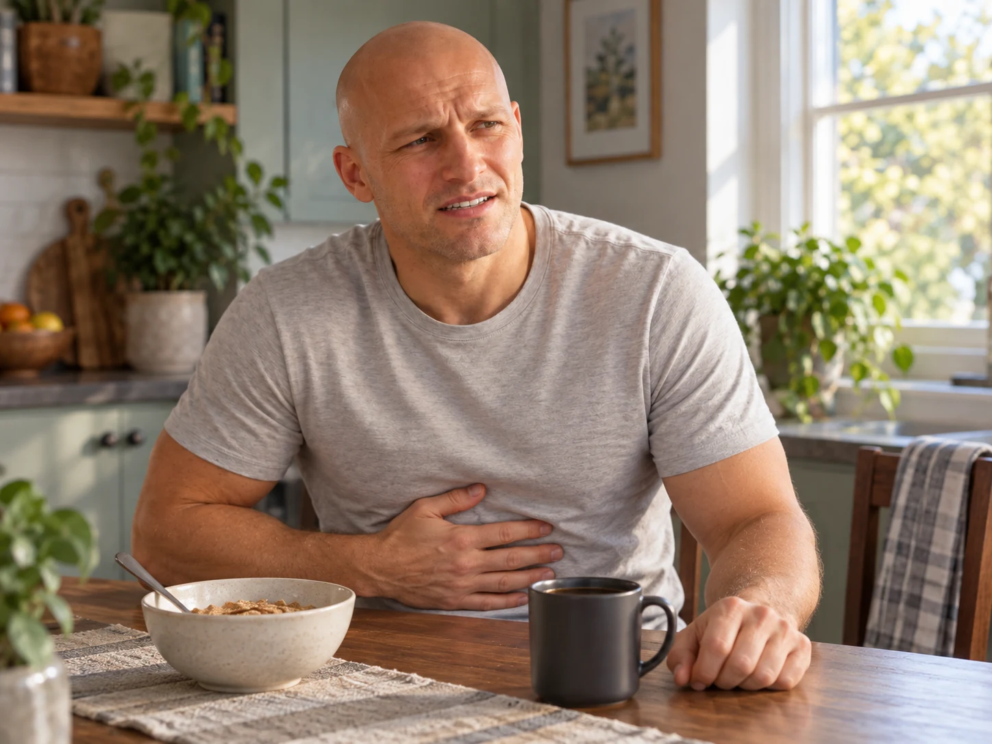 The natural bald man in a grey T-shirt looking mildly tired at breakfast