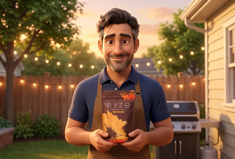The animated dad in his golden-hour backyard in a navy polo and brown apron, holding the brown RYZE Mushroom Coffee pouch with both hands, smiling.