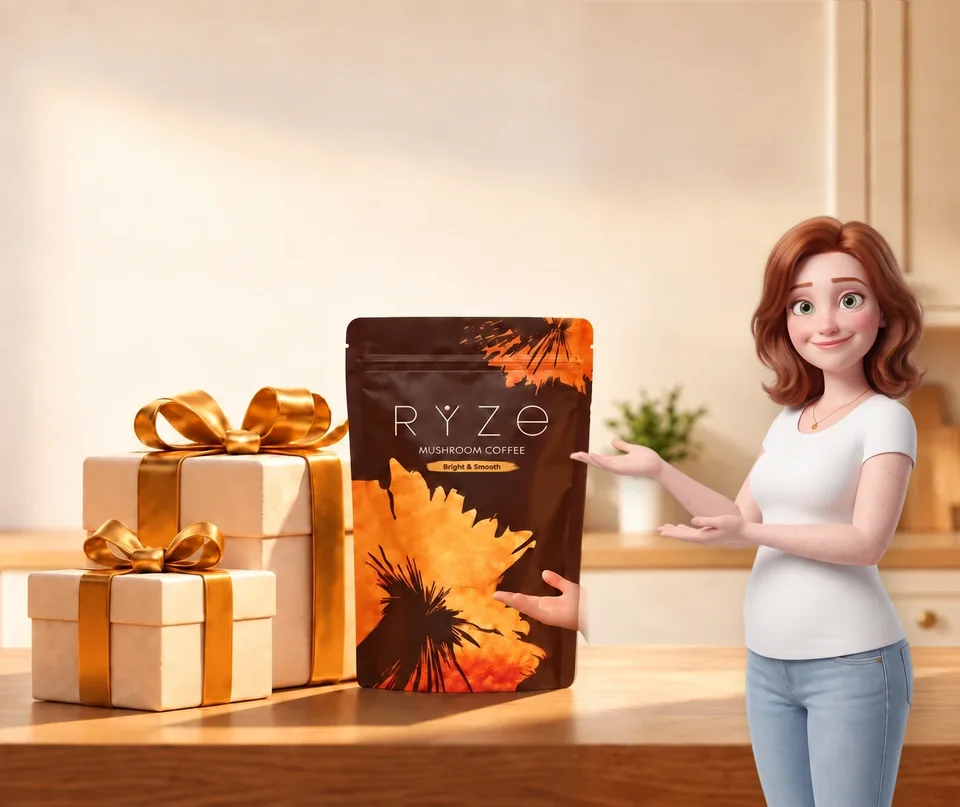 UP TO 40% OFF + FREE GIFTS. RYZE coffee and two wrapped gifts on a kitchen counter with the animated woman presenting them in the foreground.