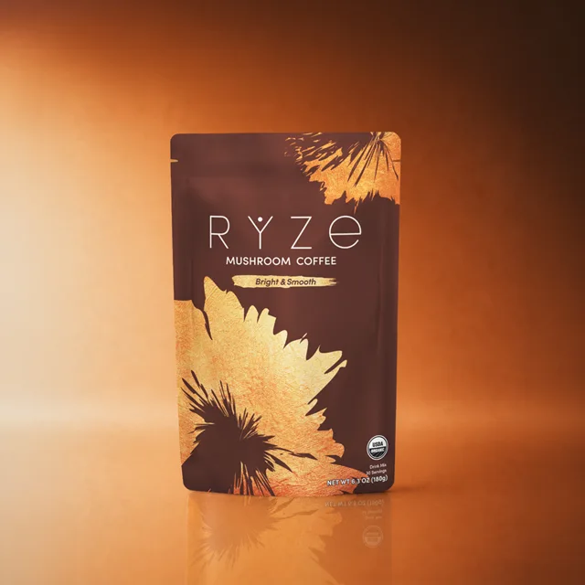 A bag of RYZE Mushroom Coffee, Bright & Smooth, 30 servings