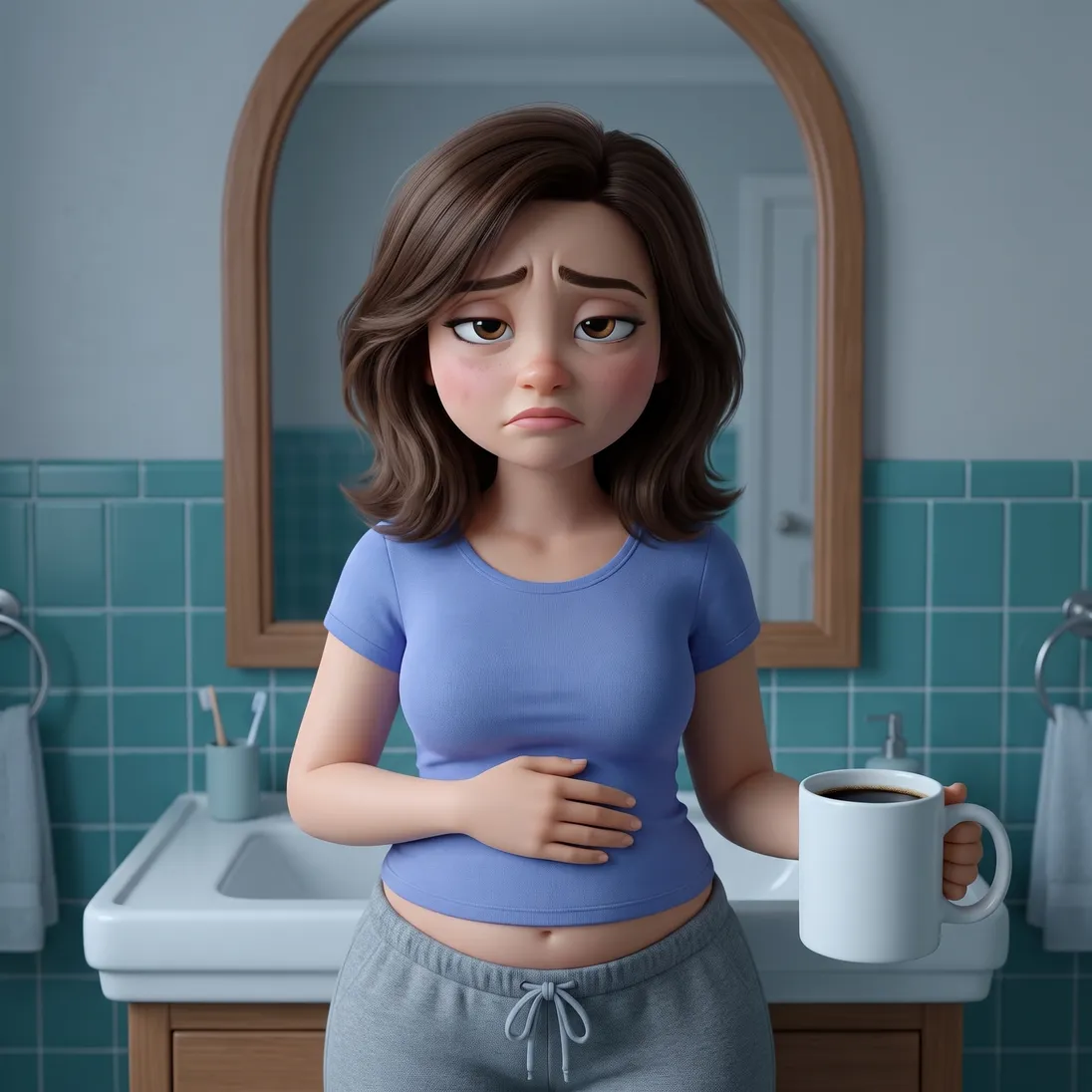 Animated woman at her bathroom mirror in the morning, one hand on a bloated belly, holding a plain mug of black coffee