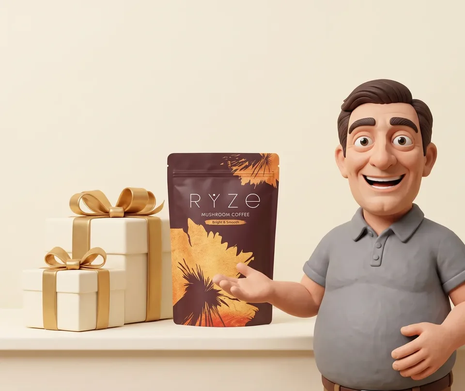UP TO 40% OFF + FREE GIFTS. RYZE coffee and gift boxes with the clay-animation dad standing in the foreground of his kitchen.