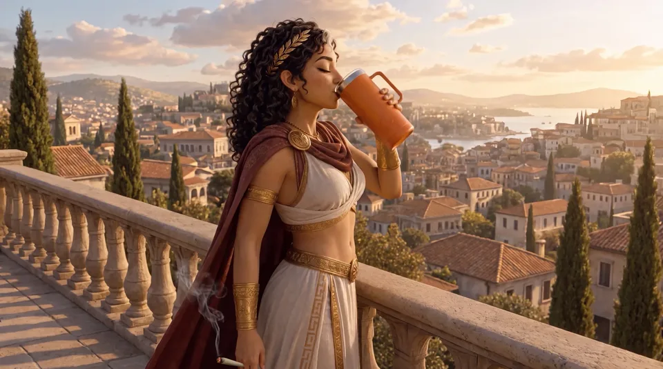 Animated Roman woman drinking coffee on a terrace overlooking the city at sunrise