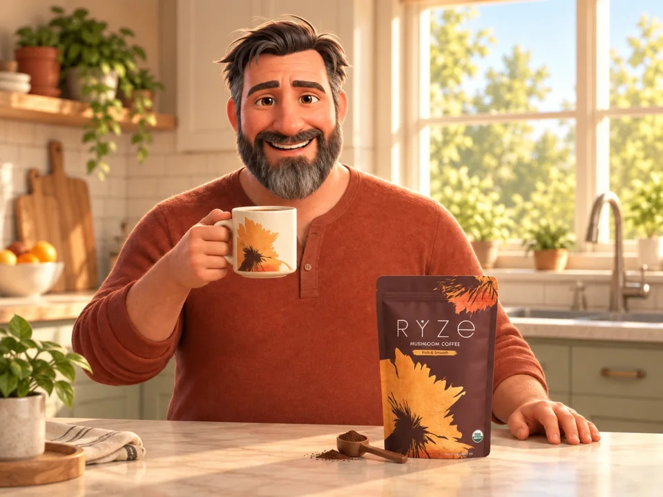 Happy animated dad holding the floral RYZE mug at a sunlit kitchen counter with the brown RYZE pouch and wooden scoop.