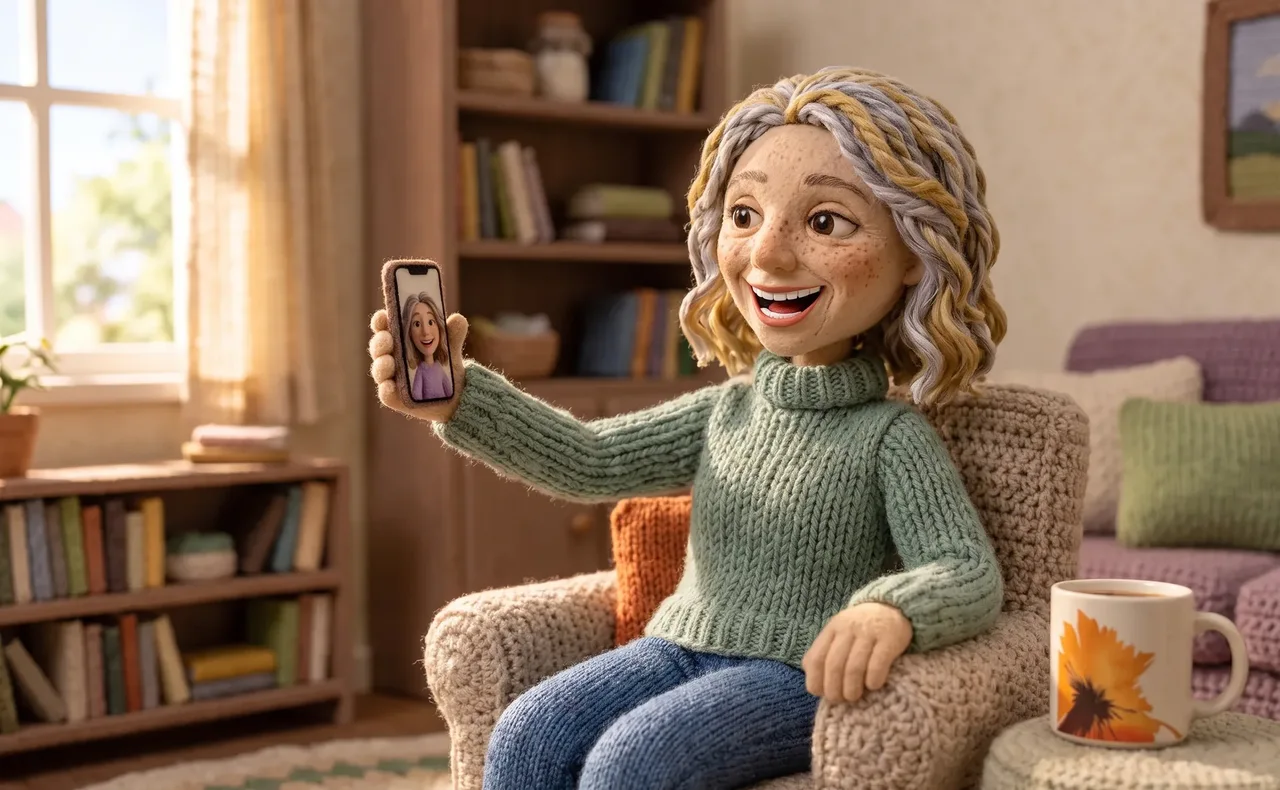Knitted ragdoll mom laughing on a video call with her daughter, her RYZE mug on the side table