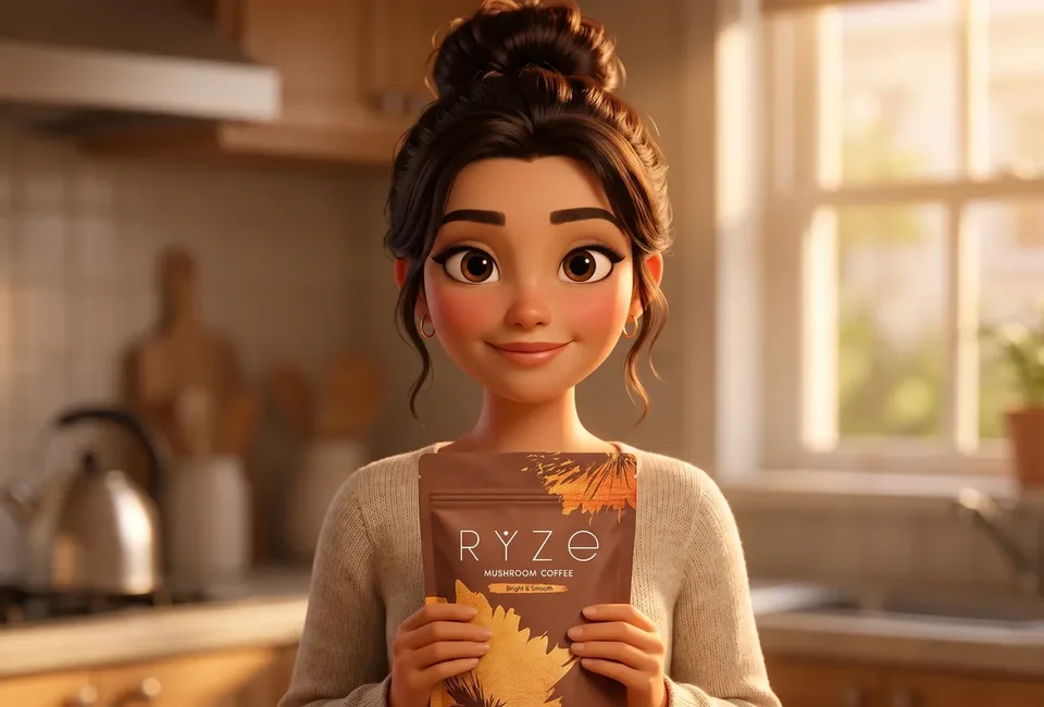 The animated mom at her kitchen window holding the brown RYZE Mushroom Coffee pouch with both hands, smiling.