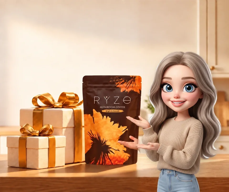 UP TO 40% OFF + FREE GIFTS. RYZE coffee and two wrapped gifts on a kitchen counter with the young woman in the beige sweater presenting them in the foreground.