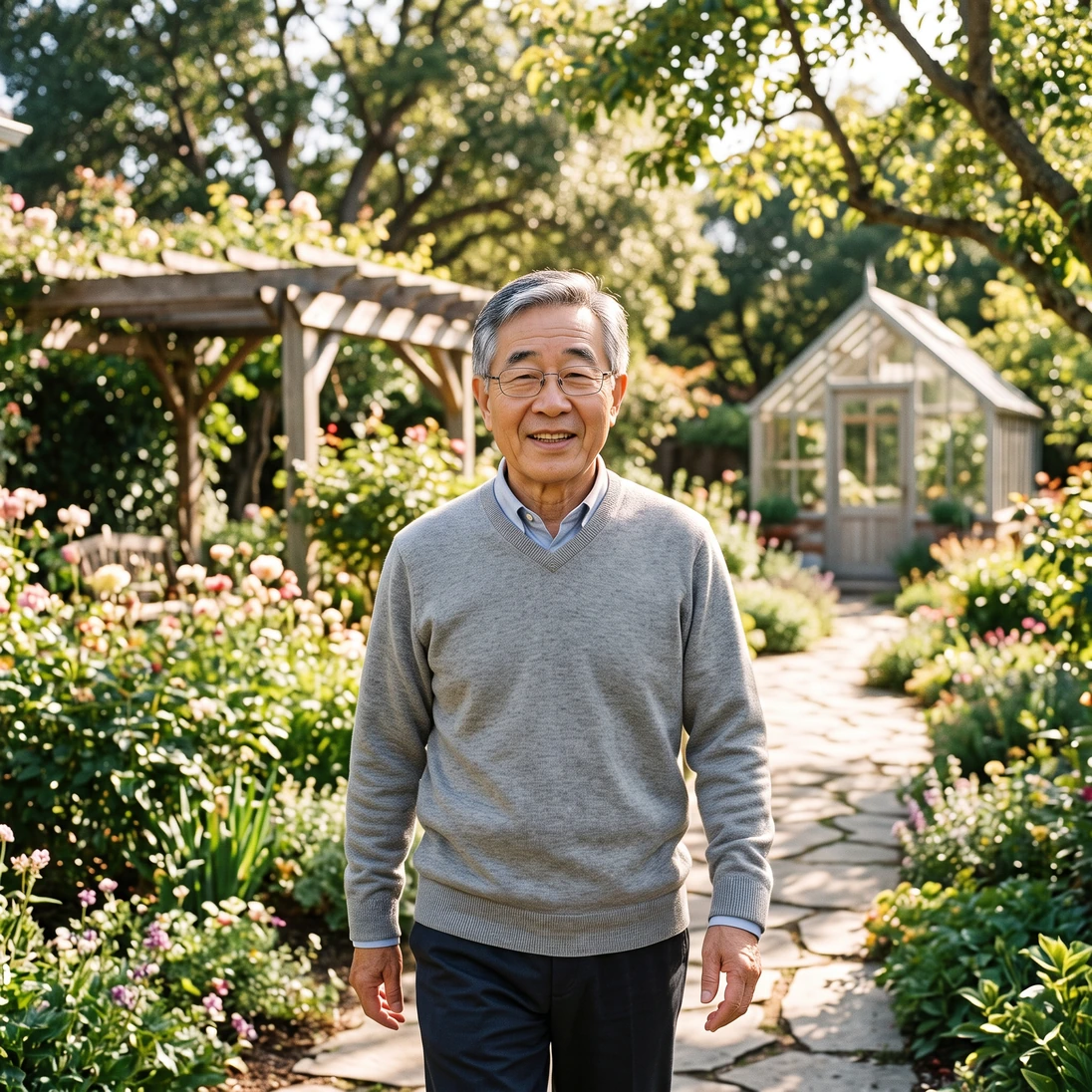 Same older man enjoying a relaxed garden walk
