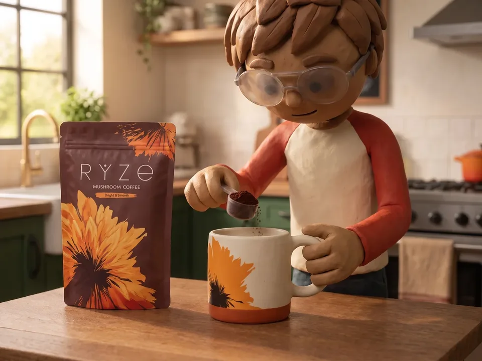 Close on the same young man tipping a level scoop of RYZE coffee into the RYZE mug on his kitchen table, the brown RYZE Mushroom Coffee pouch standing beside