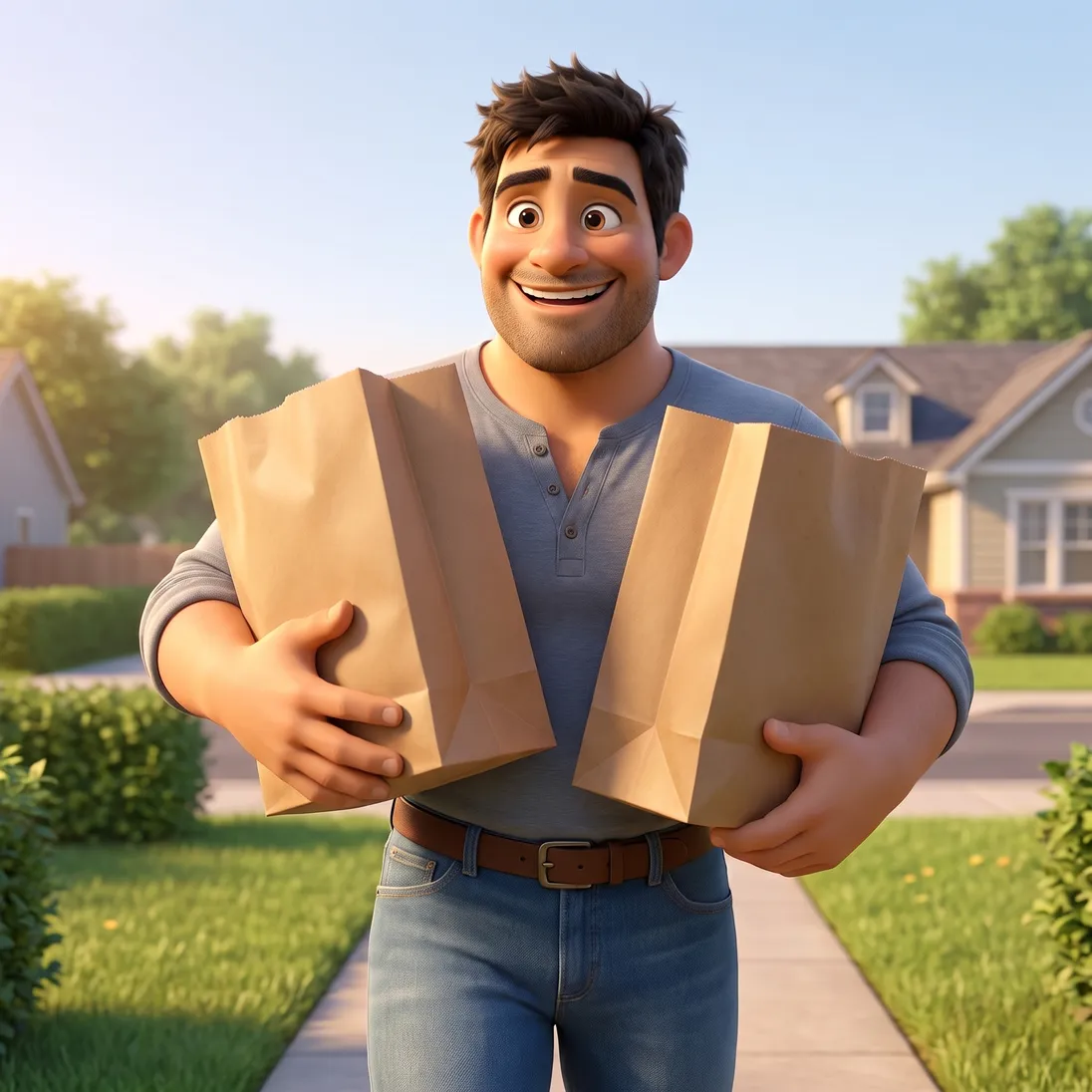 The same man striding up his sunny front path at three in the afternoon carrying two grocery bags with an easy grin