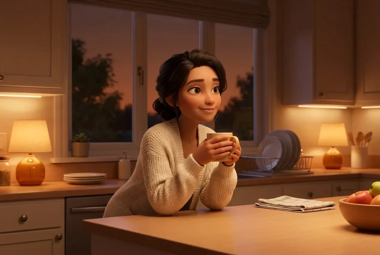 Animated mom relaxed in her calm evening kitchen, warm lamps lit, holding a warm mug