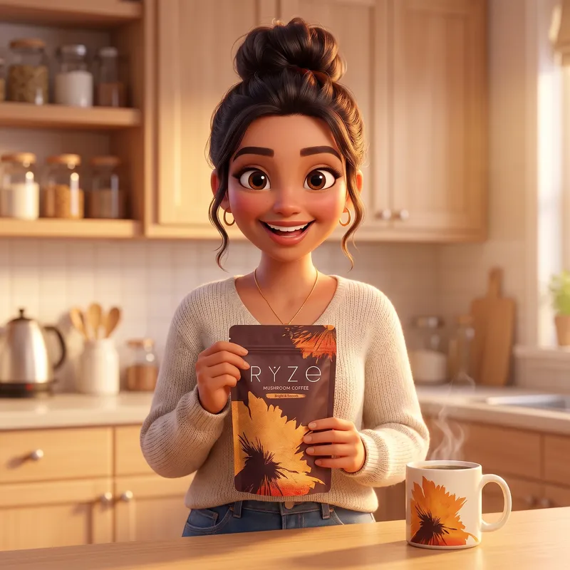 The animated mom holding the brown RYZE Mushroom Coffee pouch at chest height in her bright kitchen, the floral RYZE mug steaming beside her