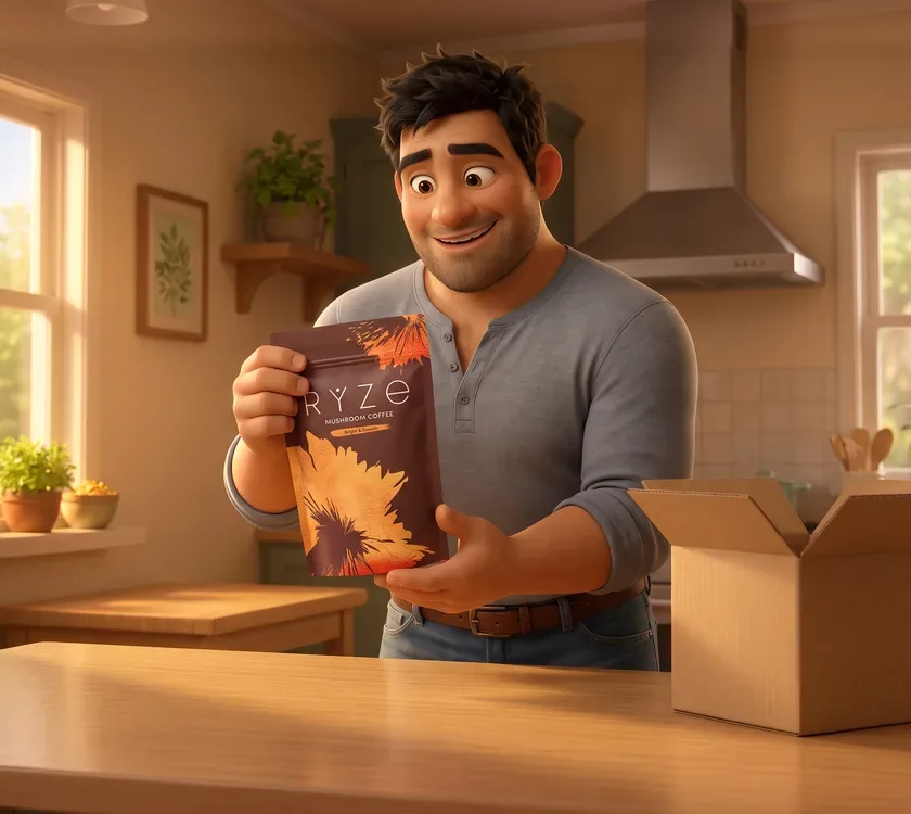 The stocky man holding the brown RYZE pouch up at chest height in his kitchen, smiling, the empty shipping box pushed to the edge of the counter.