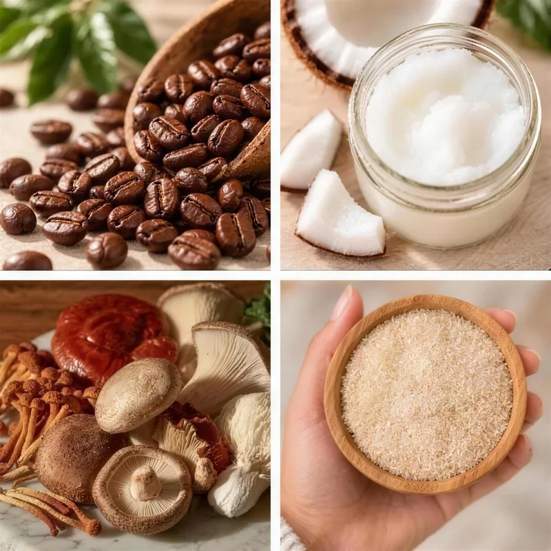 The four things in every cup: organic coffee beans, coconut MCTs, the Super6 mushrooms, and a bowl of prebiotic fiber