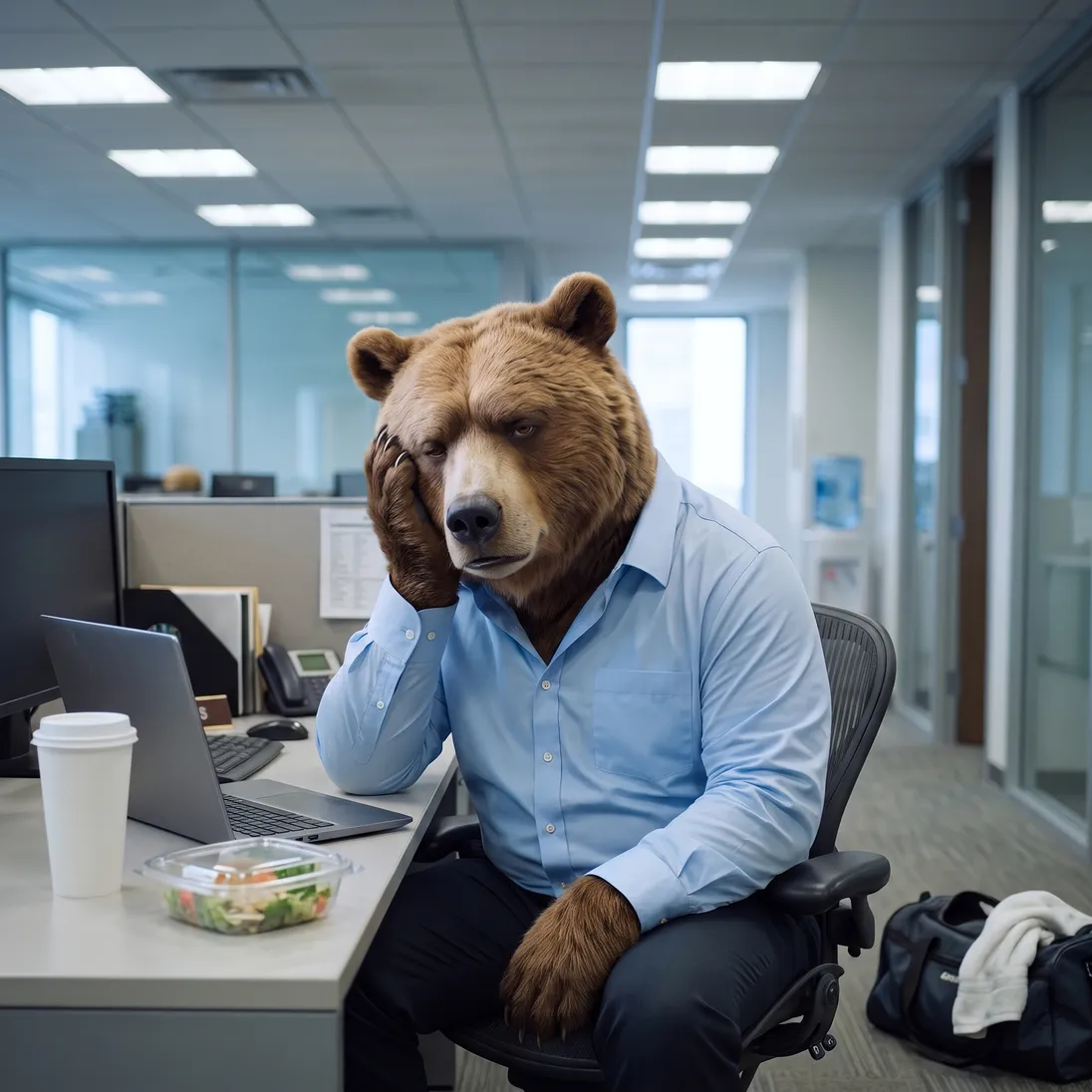 The bear character slumped at his office desk in the afternoon over an oversized plain coffee cup, gym bag on the floor