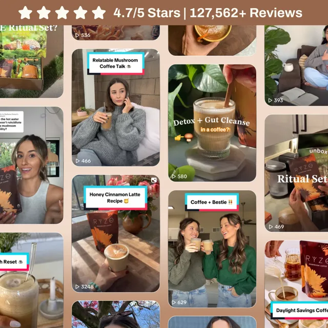 Social media posts from RYZE customers, rated 4.7 out of 5 stars across 127,562+ reviews