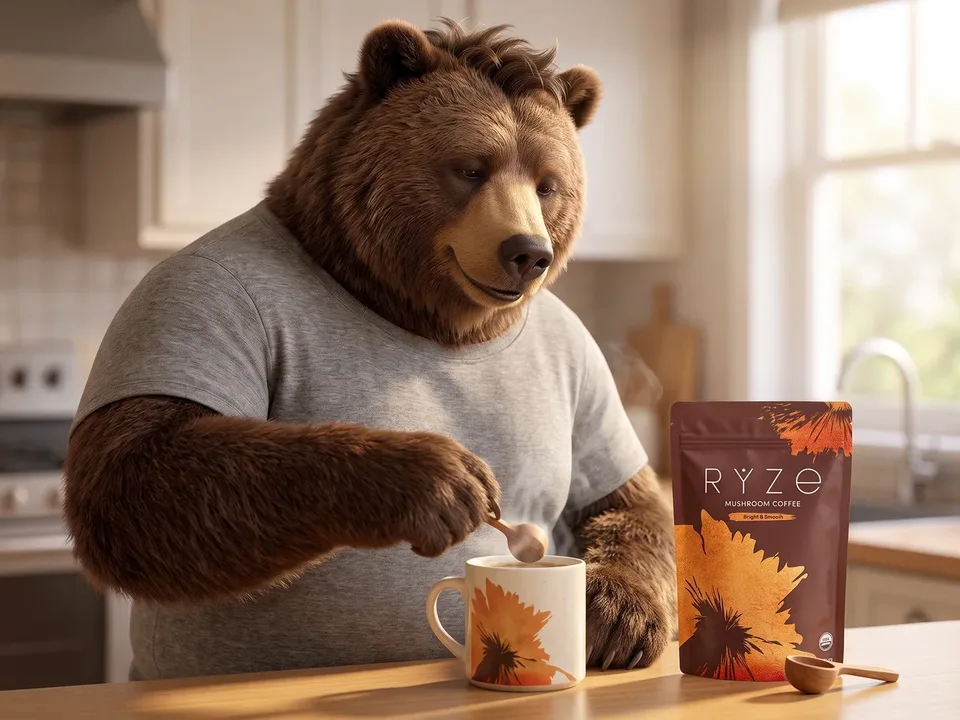 The bear character stirring his RYZE mug at the counter beside the brown RYZE pouch and wooden scoop