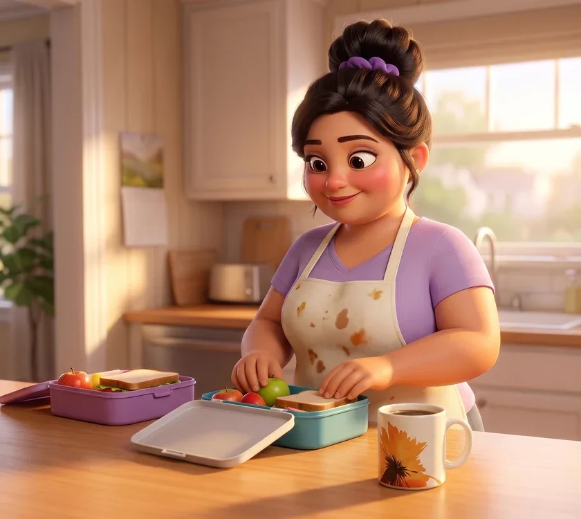 The animated mom in her apron packing the kids’ lunchboxes in her sunny kitchen in the afternoon, her RYZE mug on the counter beside her.