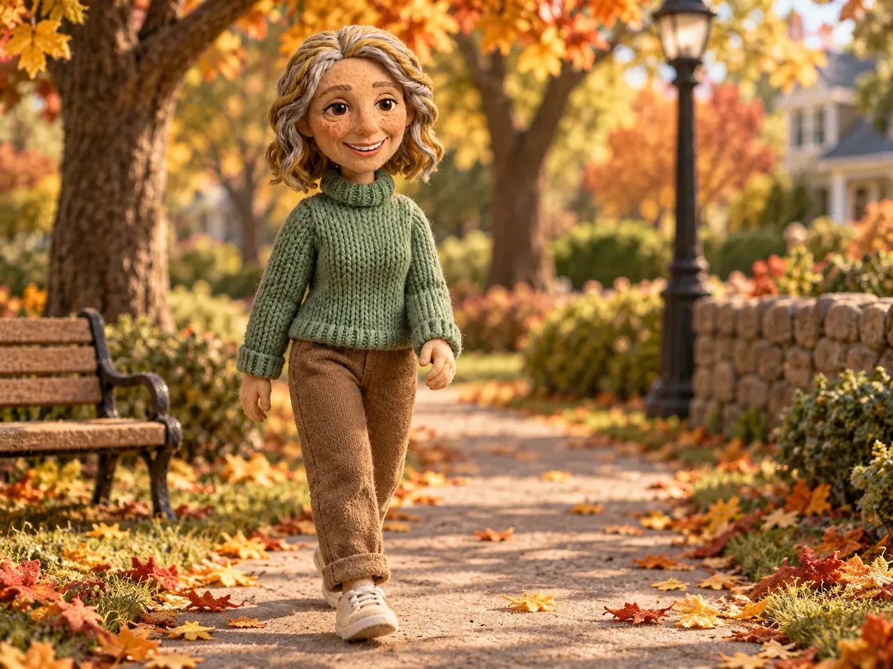 The friendly freckled felt mother in a sage knitted sweater in the matching campaign scene with consistent facial features