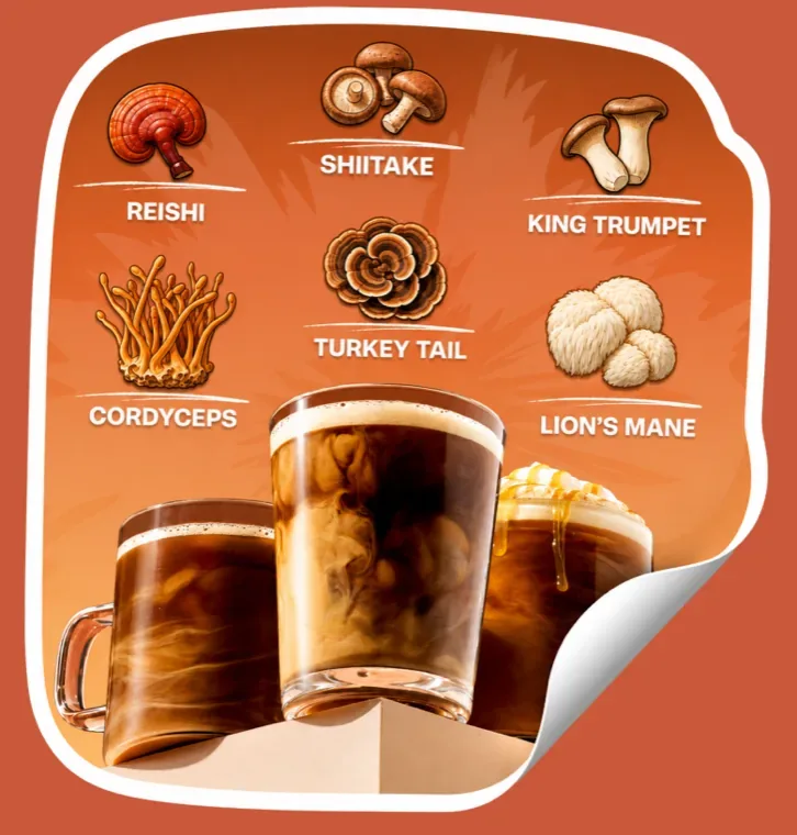 Six functional mushrooms over iced RYZE drinks — Reishi, Shiitake, King Trumpet, Cordyceps, Turkey Tail, Lion’s Mane