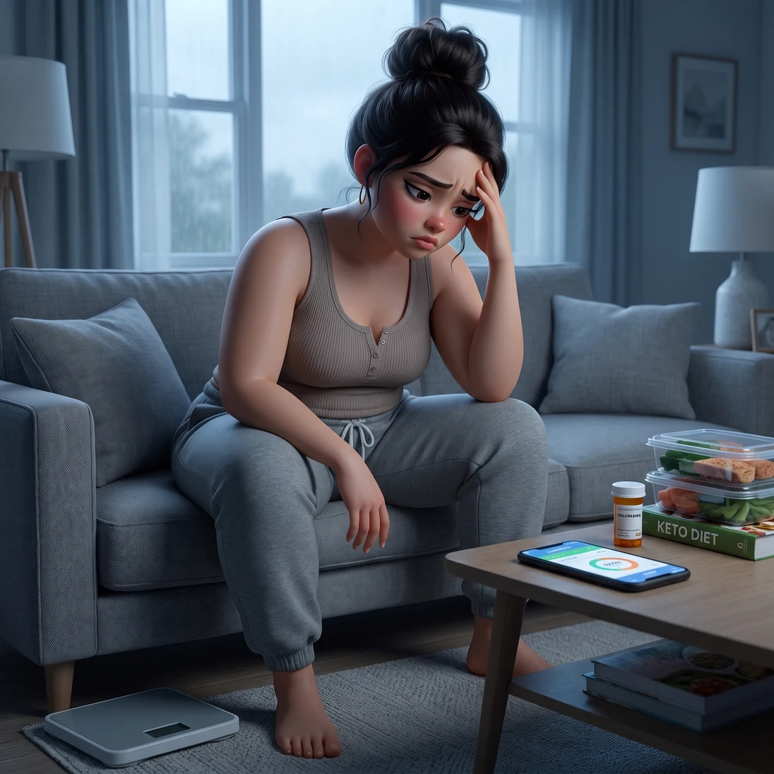 The animated mom slumped on her sofa in cool grey light, staring at a bathroom scale beside a diet book, meal-prep boxes and a pill bottle