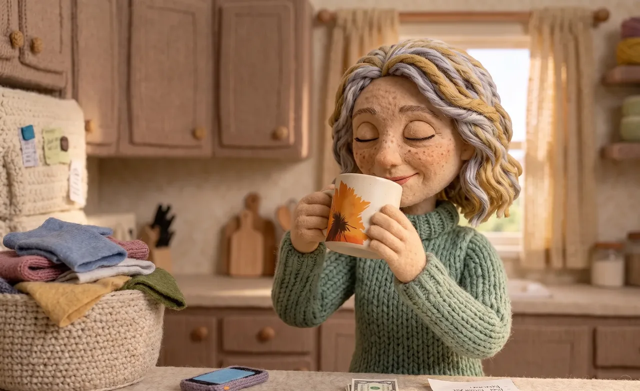 Knitted ragdoll mom calm at a kitchen counter piled with laundry, a phone and bills, sipping from her RYZE mug