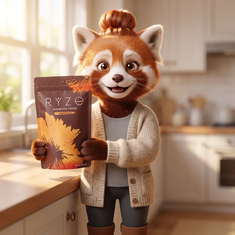 Happy animated red panda mom holding the brown RYZE pouch at chest height in her sunlit kitchen.
