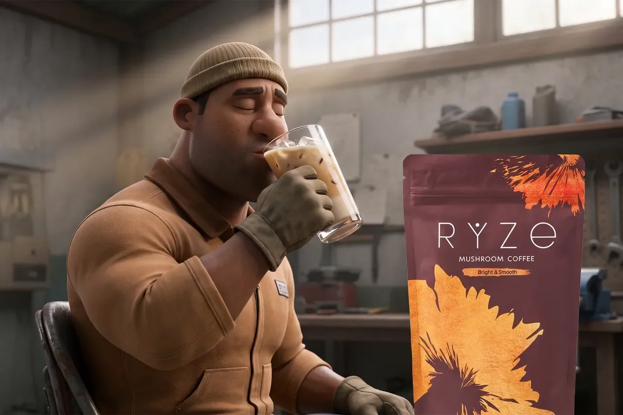 Mechanic savoring a sip of creamy iced RYZE latte beside the RYZE bag