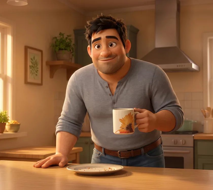 The stocky man in the grey henley standing light at the kitchen counter after lunch, his emptied plate in front of him and his RYZE mug in one hand.