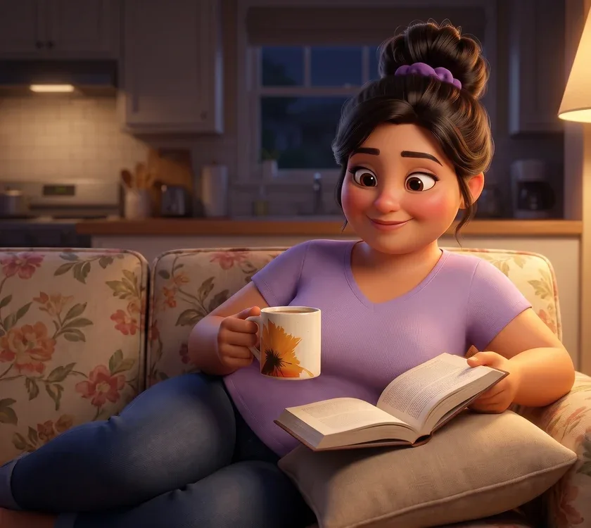 The animated mom curled up on her floral sofa in the evening with a paperback and her RYZE mug, the kitchen quiet behind her.