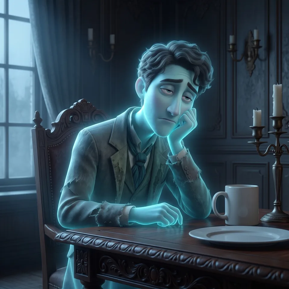 Ghost of a young man slumped at the manor dining table at dawn, heavy and groggy over a cold mug