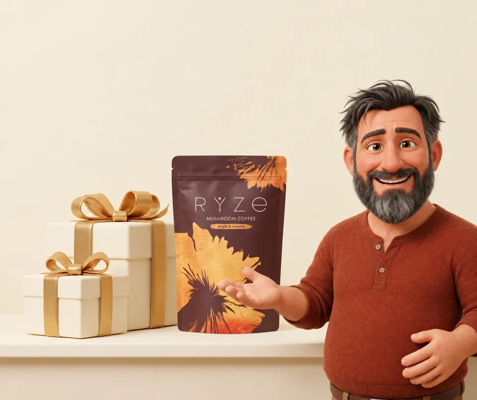 Large RYZE coffee pouch and stacked ivory gifts on the original cream counter, with the smiling bearded dad presenting them from the right.