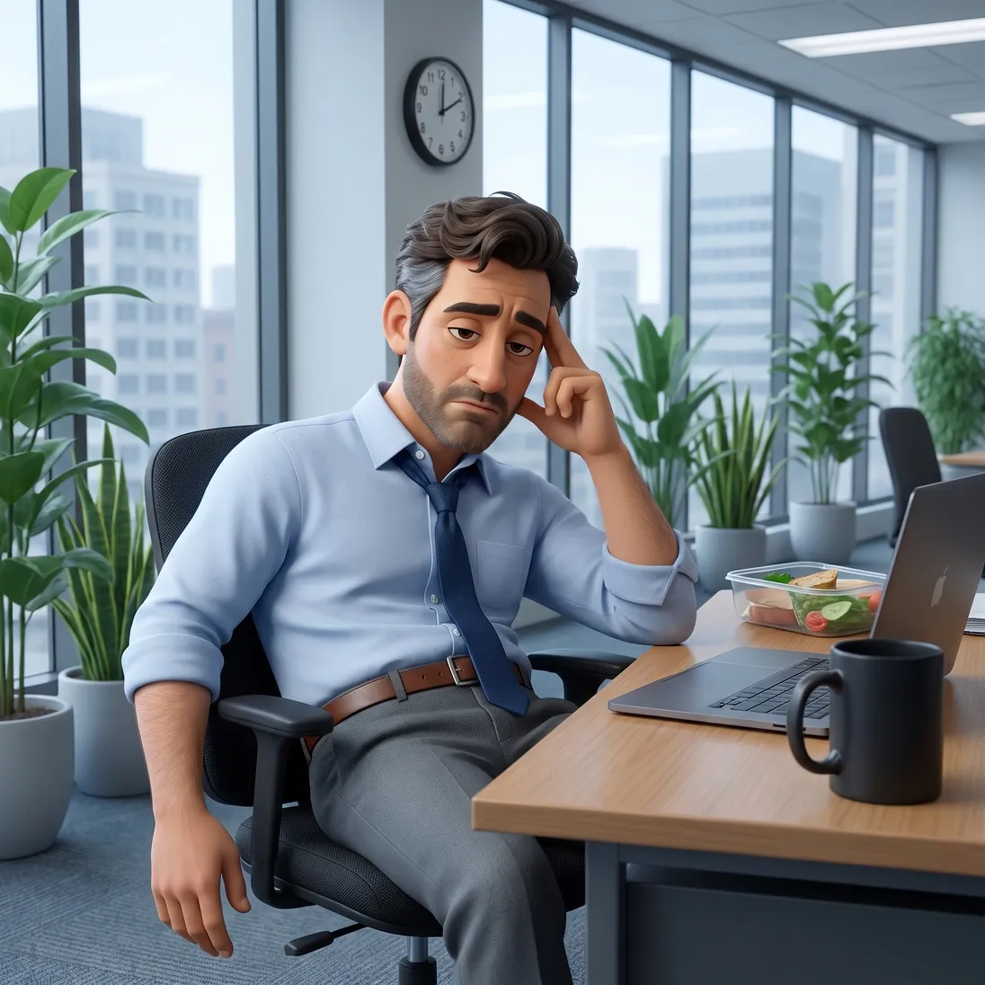The animated dad flat and tired at his office desk at three in the afternoon, a half-eaten lunch pushed aside and a plain black coffee mug beside the laptop