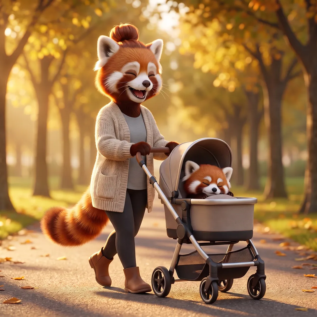 The red panda mom laughing as she pushes the stroller along a sunny park path in the late afternoon.