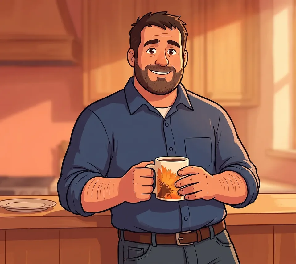 The animated bearded foreman leaning back easy against his breakfast bar in the morning, his RYZE mug in both hands, relaxed after breakfast.