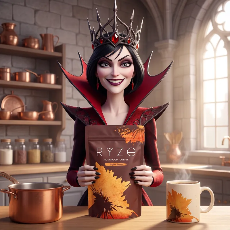 Animated gothic queen holding a bag of RYZE Mushroom Coffee in her bright castle kitchen