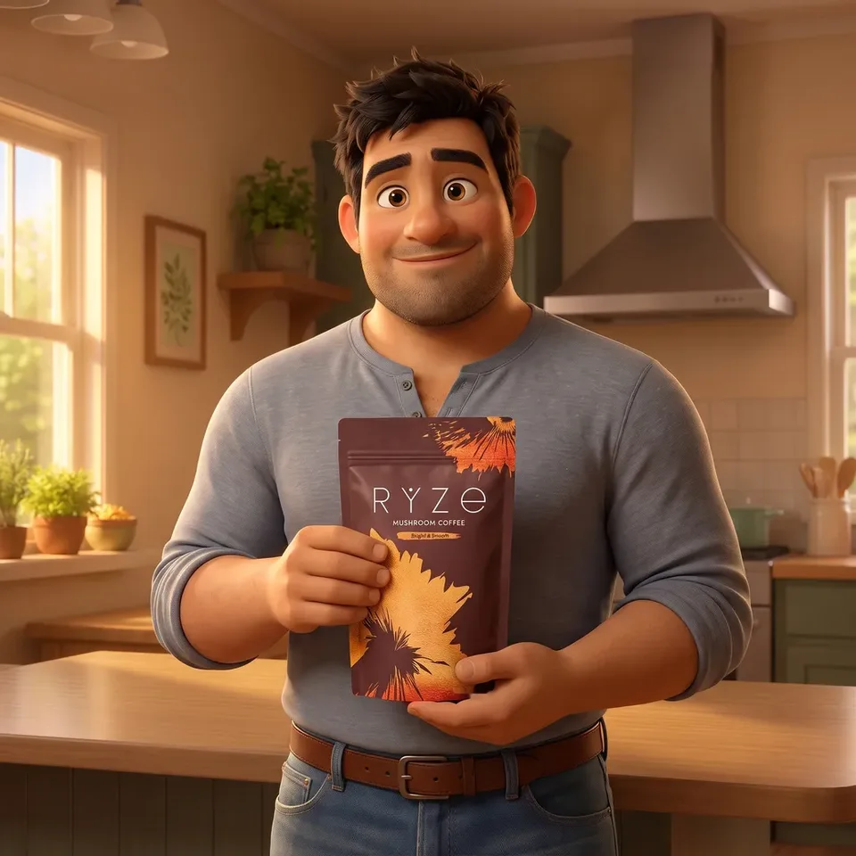 Animated heavyset man holding the RYZE Mushroom Coffee pouch in his kitchen
