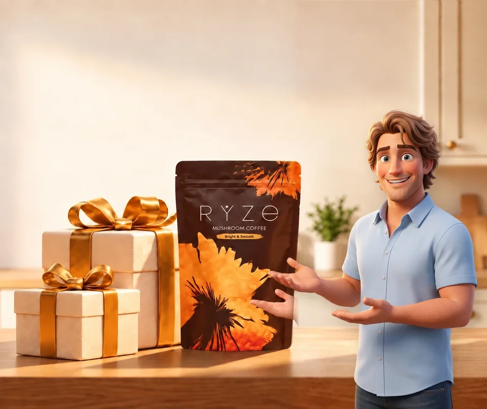 UP TO 40% OFF + FREE GIFTS. RYZE coffee and two wrapped gifts on a kitchen counter with the animated dad presenting them in the foreground.