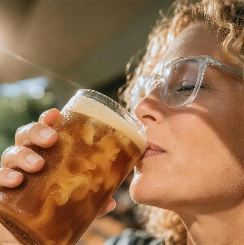 Woman sipping an iced RYZE coffee outdoors in bright afternoon sun