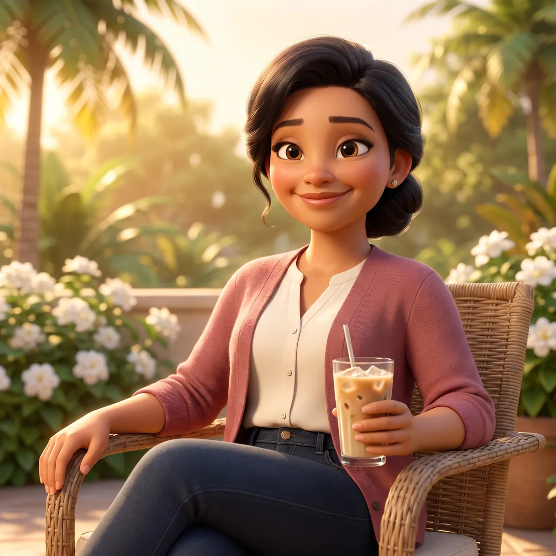 The same woman relaxed and rested on a sunny garden terrace with an iced latte