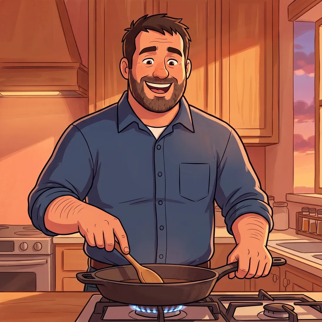 The same man upright and laughing at the stove cooking dinner at dusk, straight home from a shift