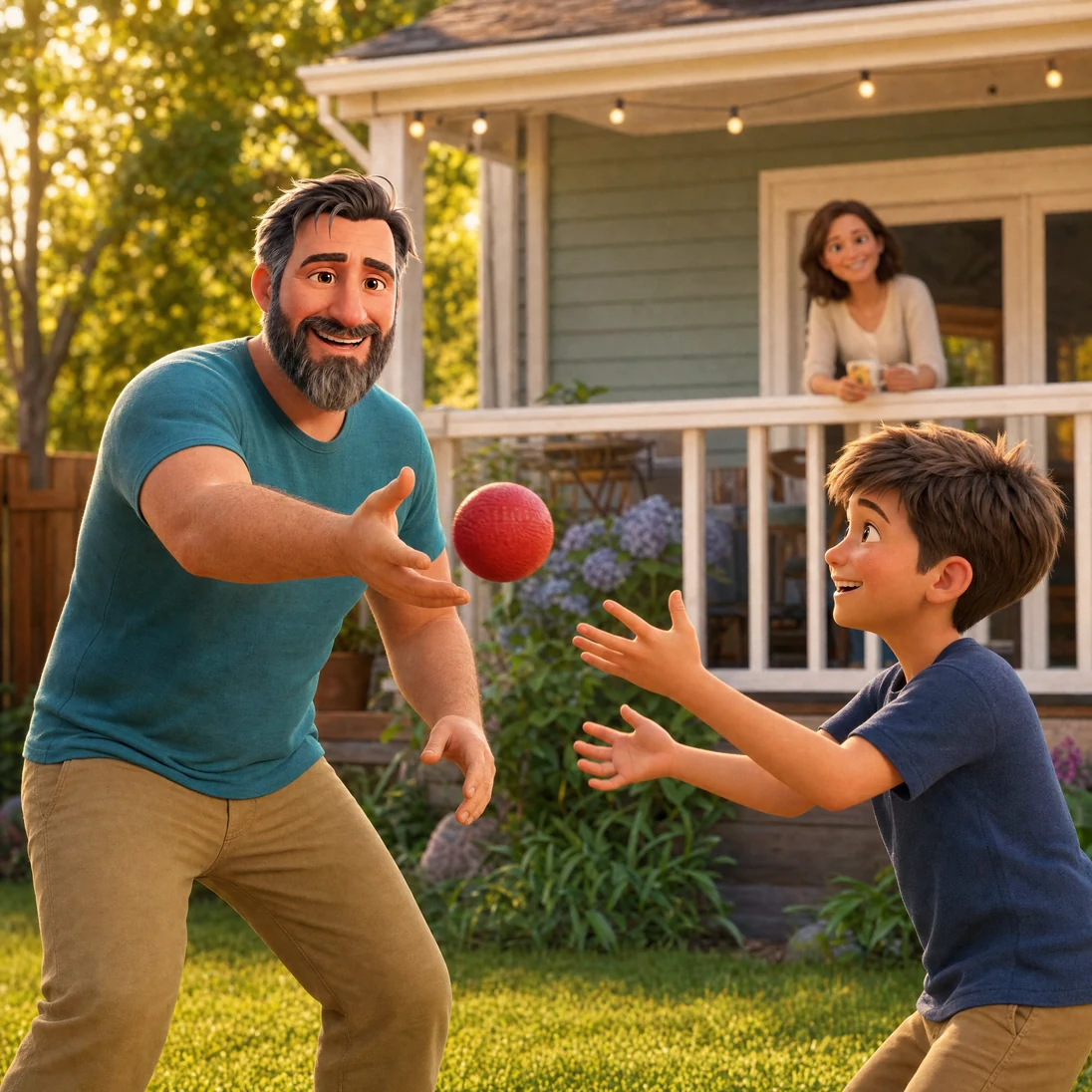 The same dad playing ball with his kids in the backyard