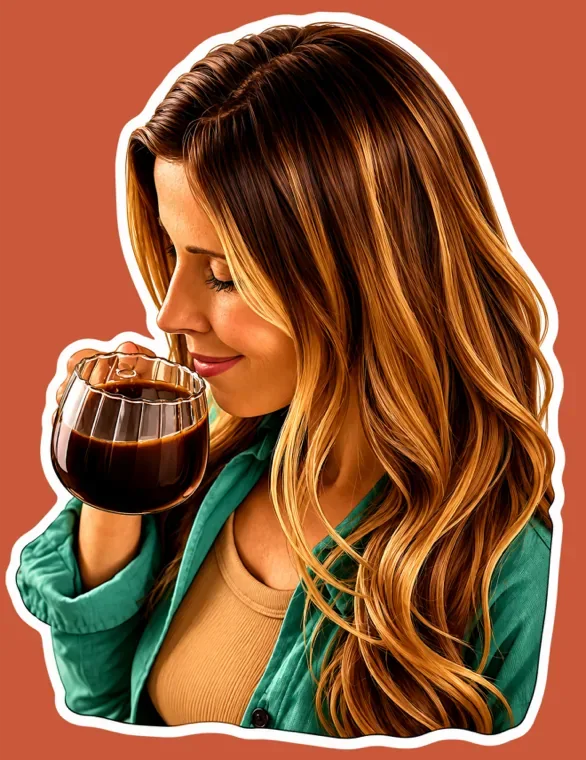 Woman sipping RYZE from a glass mug