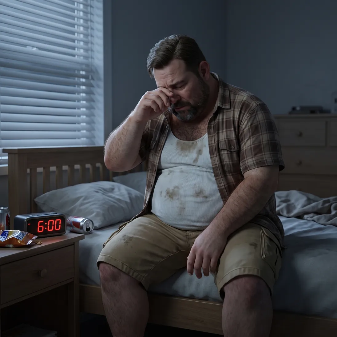 The animated bearded dad in a stained tank top and plaid shirt slumped on the edge of his bed at dawn, rubbing his eyes beside the alarm clock