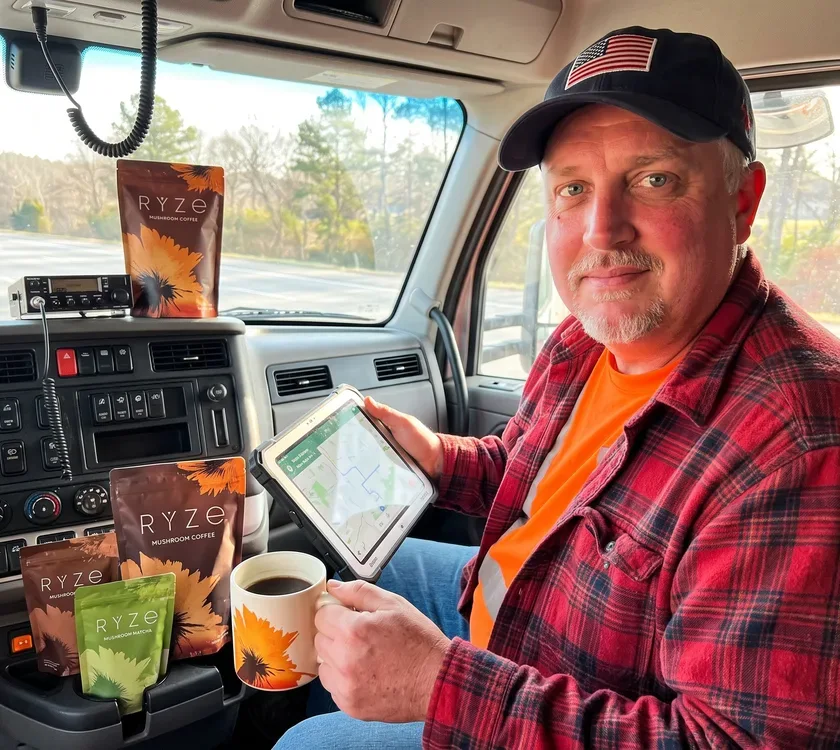 The source-ad truck driver alert in his safely parked cab at two o’clock, route tablet and approved RYZE mug nearby.