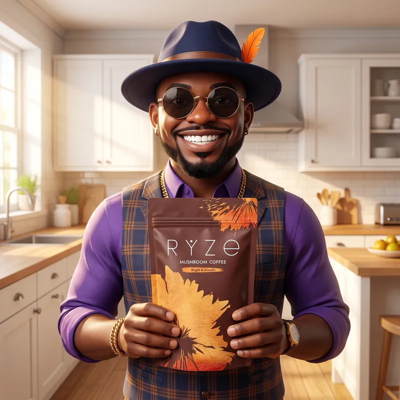 Woman holding a bag of RYZE mushroom coffee in her kitchen